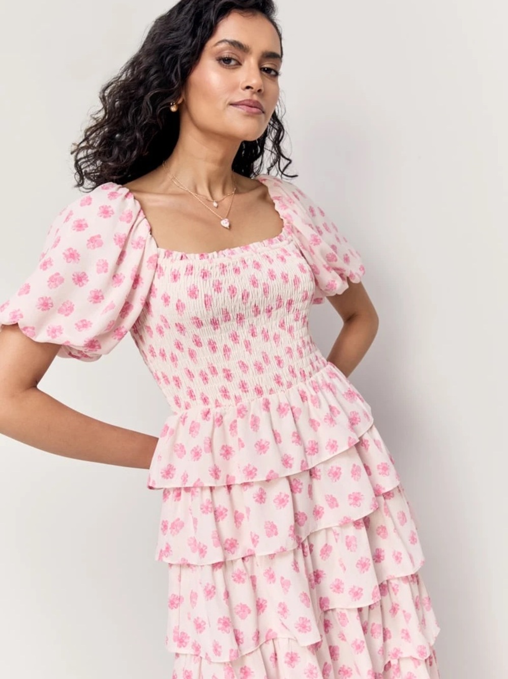 Francesca's Collections Pink Floral Tiered Midi Dress